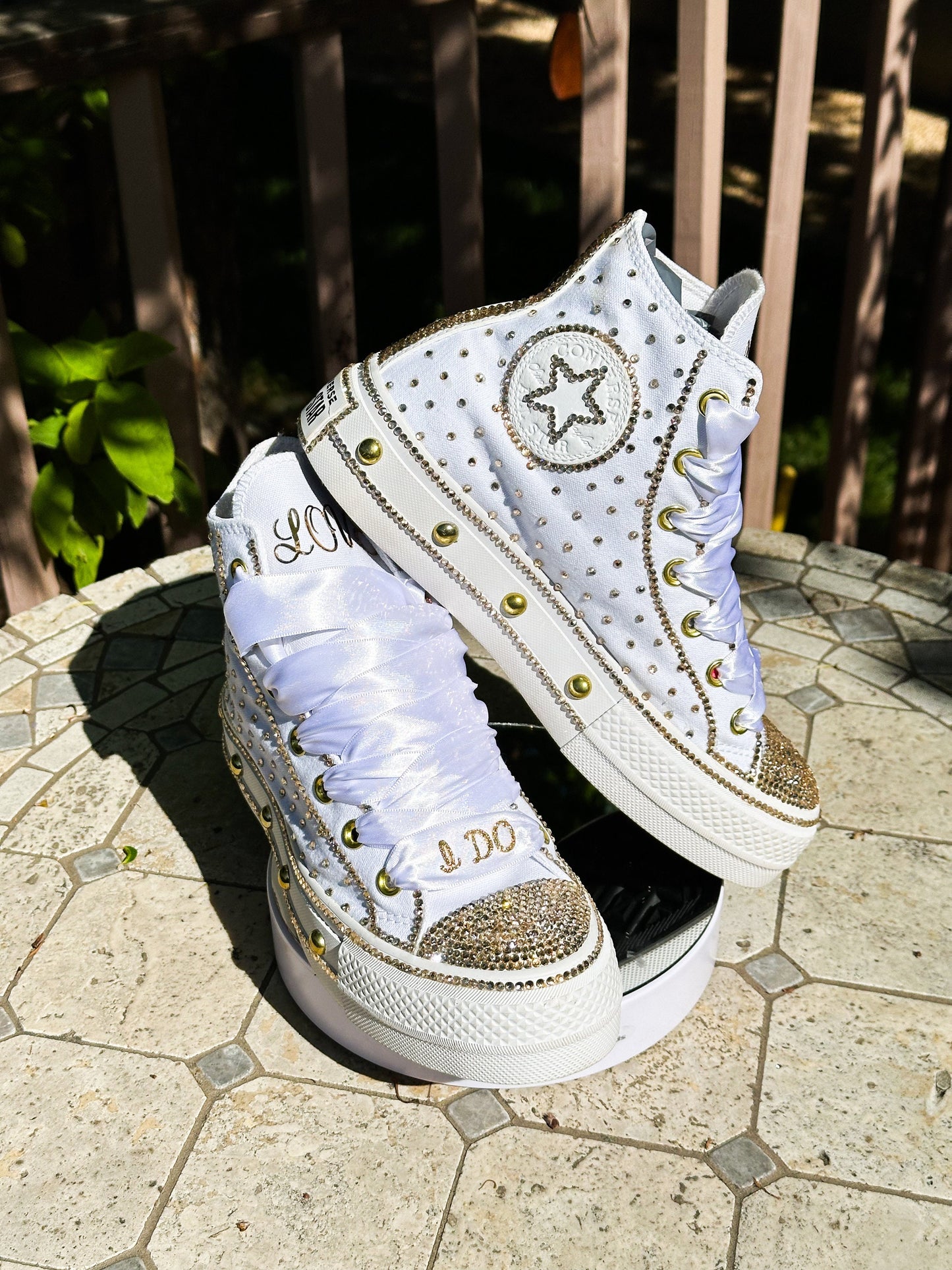 Bling Platform Converse with Gold Rhinestone, Wedding, Bridal Event Sneakers, Ready to Ship Gift for Her