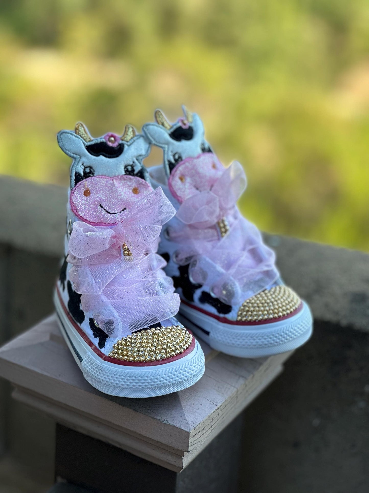 Hand-Painted Cow Print Converse: Rhinestone High-Top Sneakers