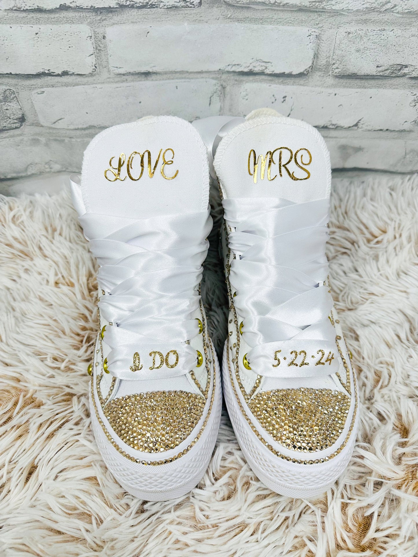 Bling Platform Converse with Gold Rhinestone, Wedding, Bridal Event Sneakers, Ready to Ship Gift for Her
