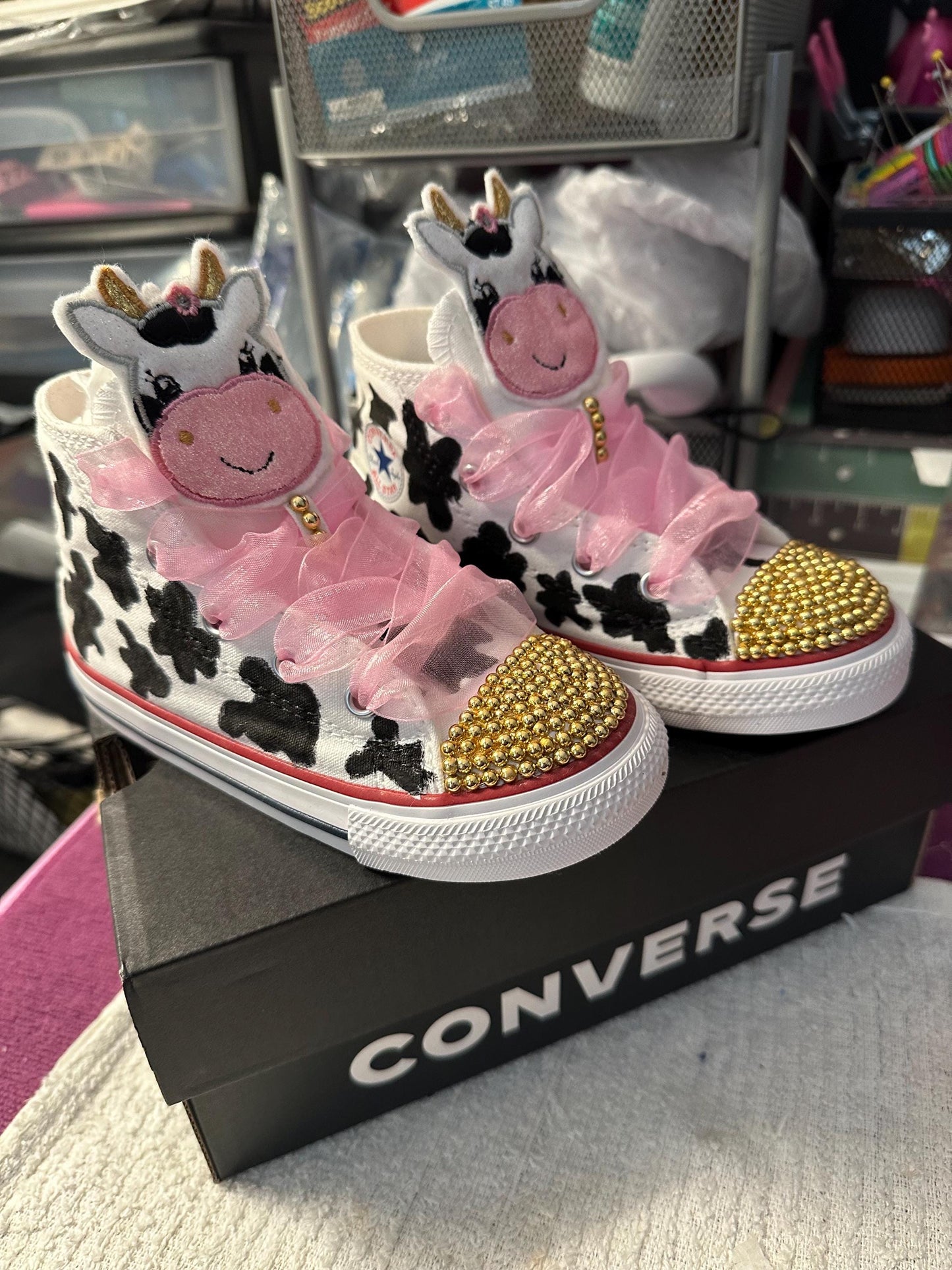 Hand-Painted Cow Print Converse: Rhinestone High-Top Sneakers