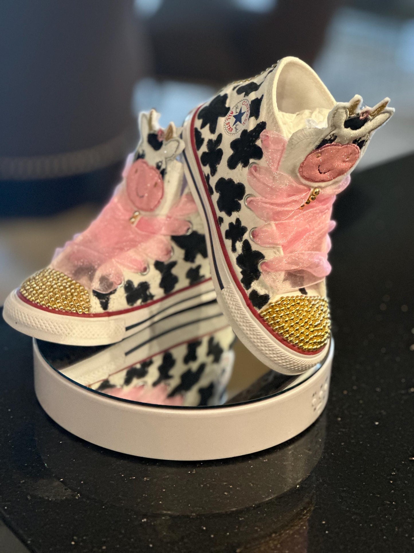 Hand-Painted Cow Print Converse: Rhinestone High-Top Sneakers