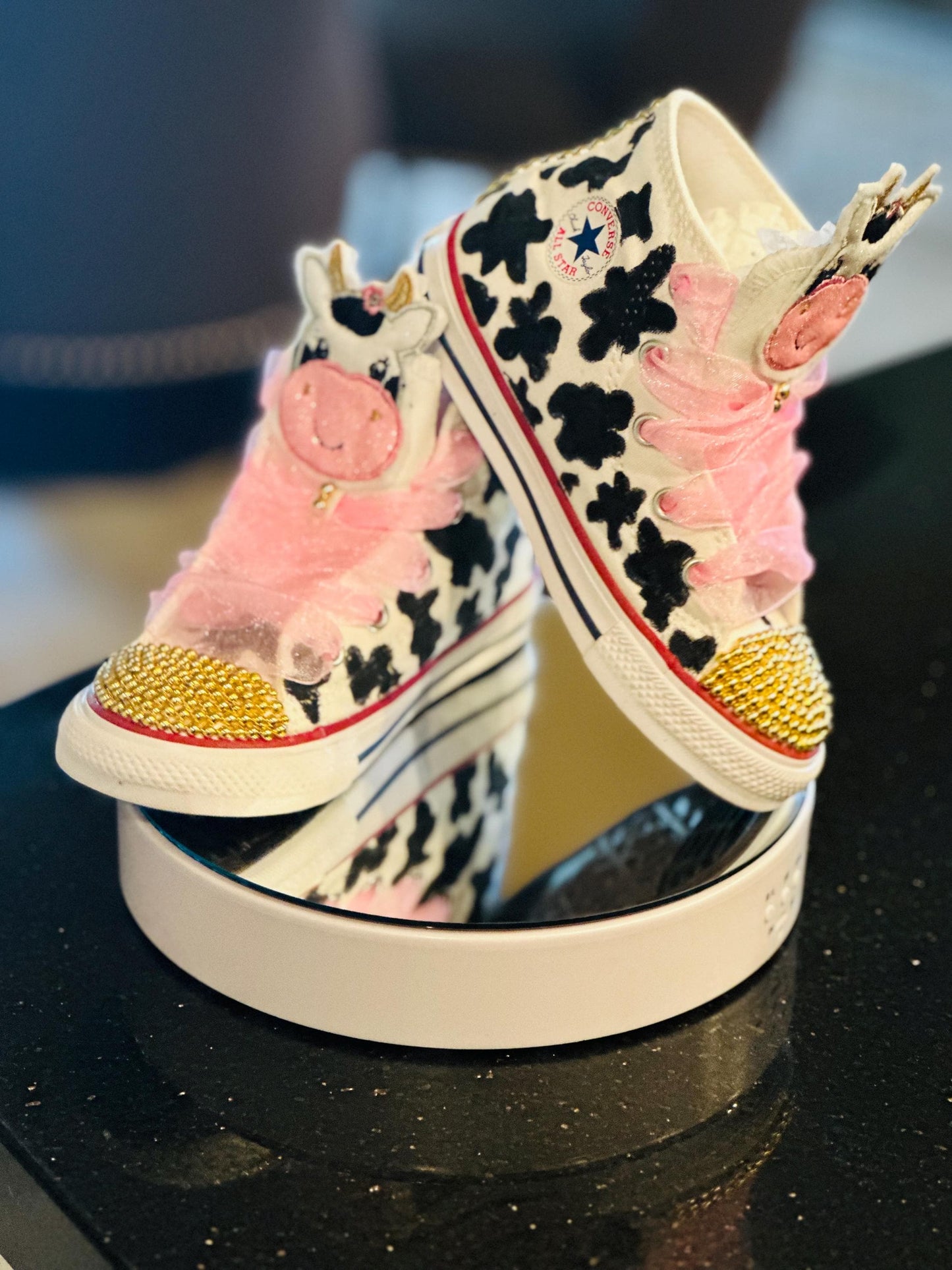 Hand-Painted Cow Print Converse: Rhinestone High-Top Sneakers