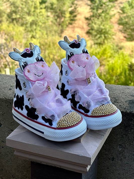 Hand-Painted Cow Print Converse: Rhinestone High-Top Sneakers