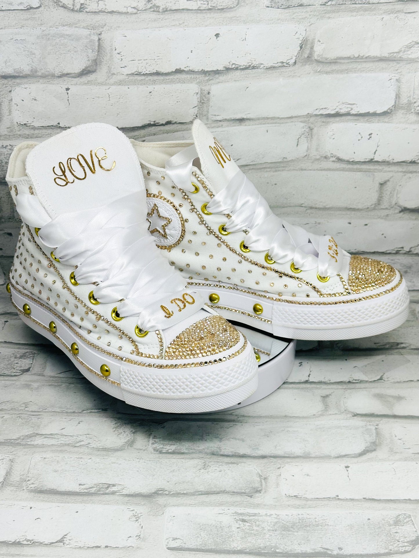 Bling Platform Converse with Gold Rhinestone, Wedding, Bridal Event Sneakers, Ready to Ship Gift for Her