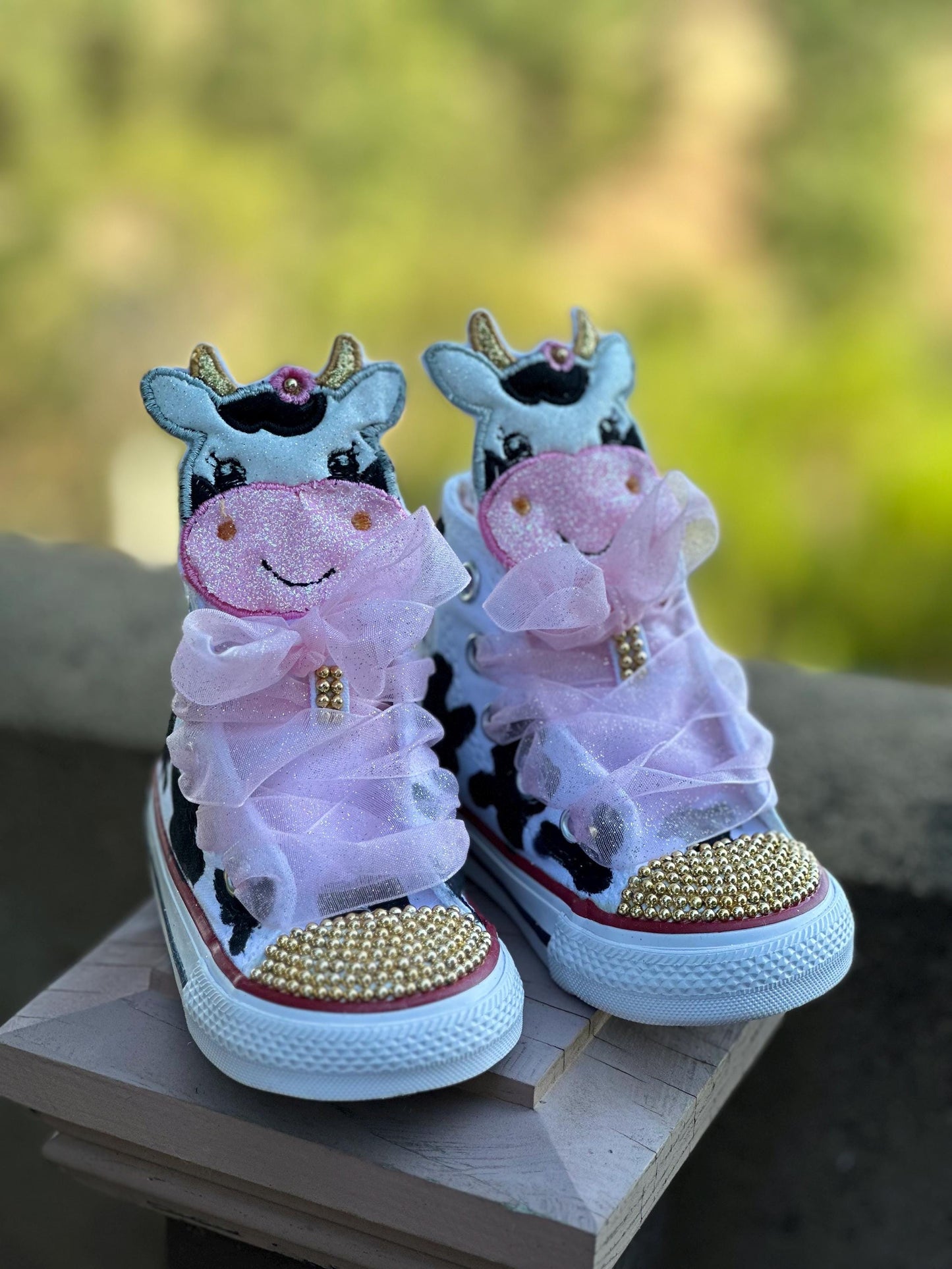 Hand-Painted Cow Print Converse: Rhinestone High-Top Sneakers