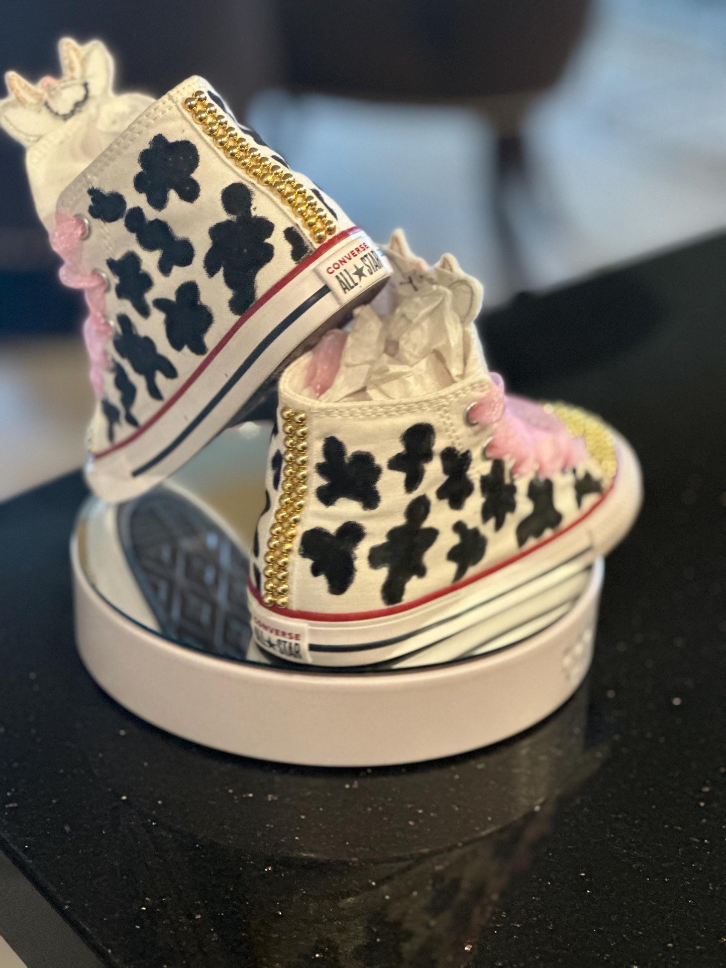 Hand-Painted Cow Print Converse: Rhinestone High-Top Sneakers