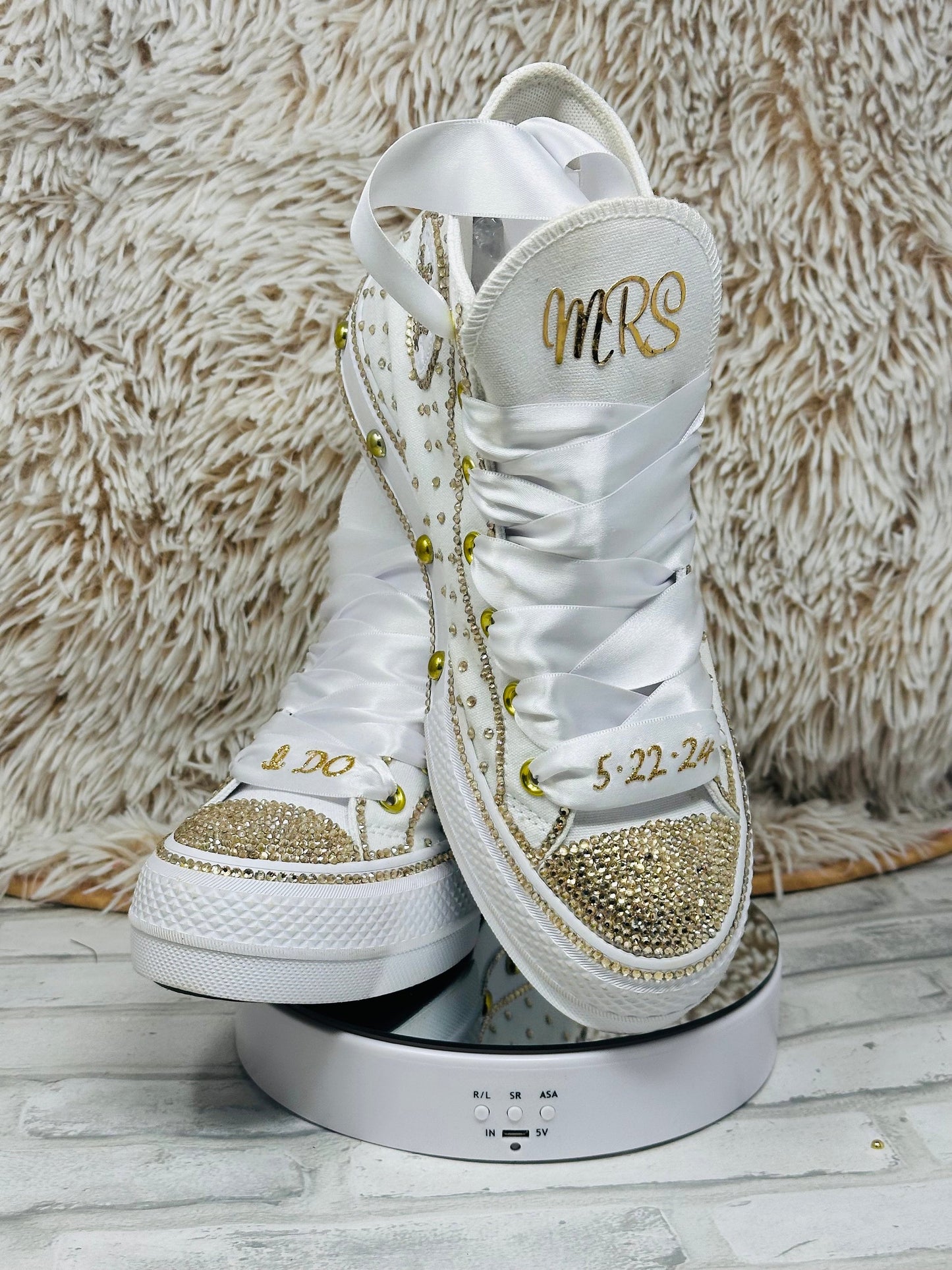 Bling Platform Converse with Gold Rhinestone, Wedding, Bridal Event Sneakers, Ready to Ship Gift for Her