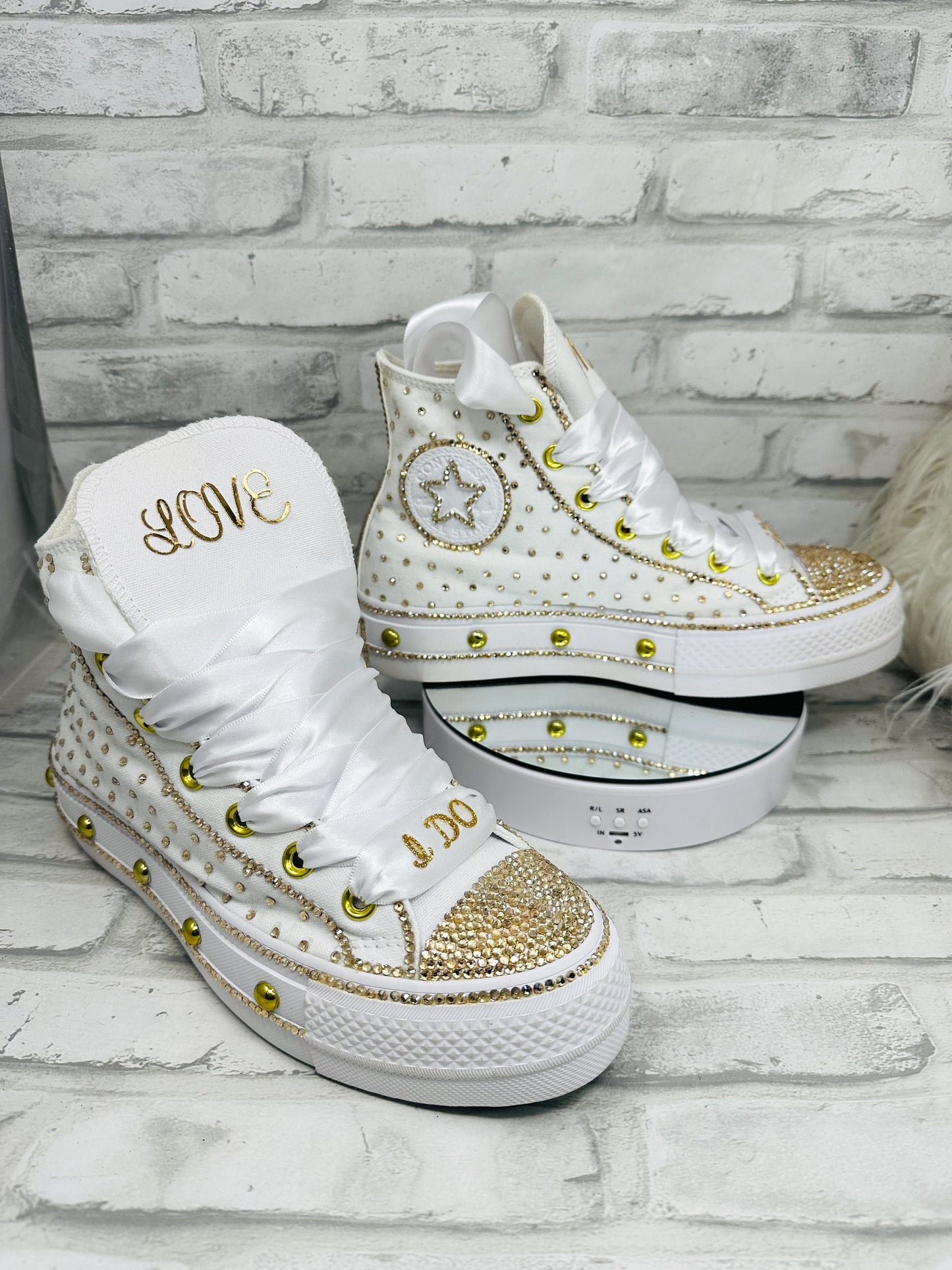 Bling Platform Converse with Gold Rhinestone, Wedding, Bridal Event Sneakers, Ready to Ship Gift for Her
