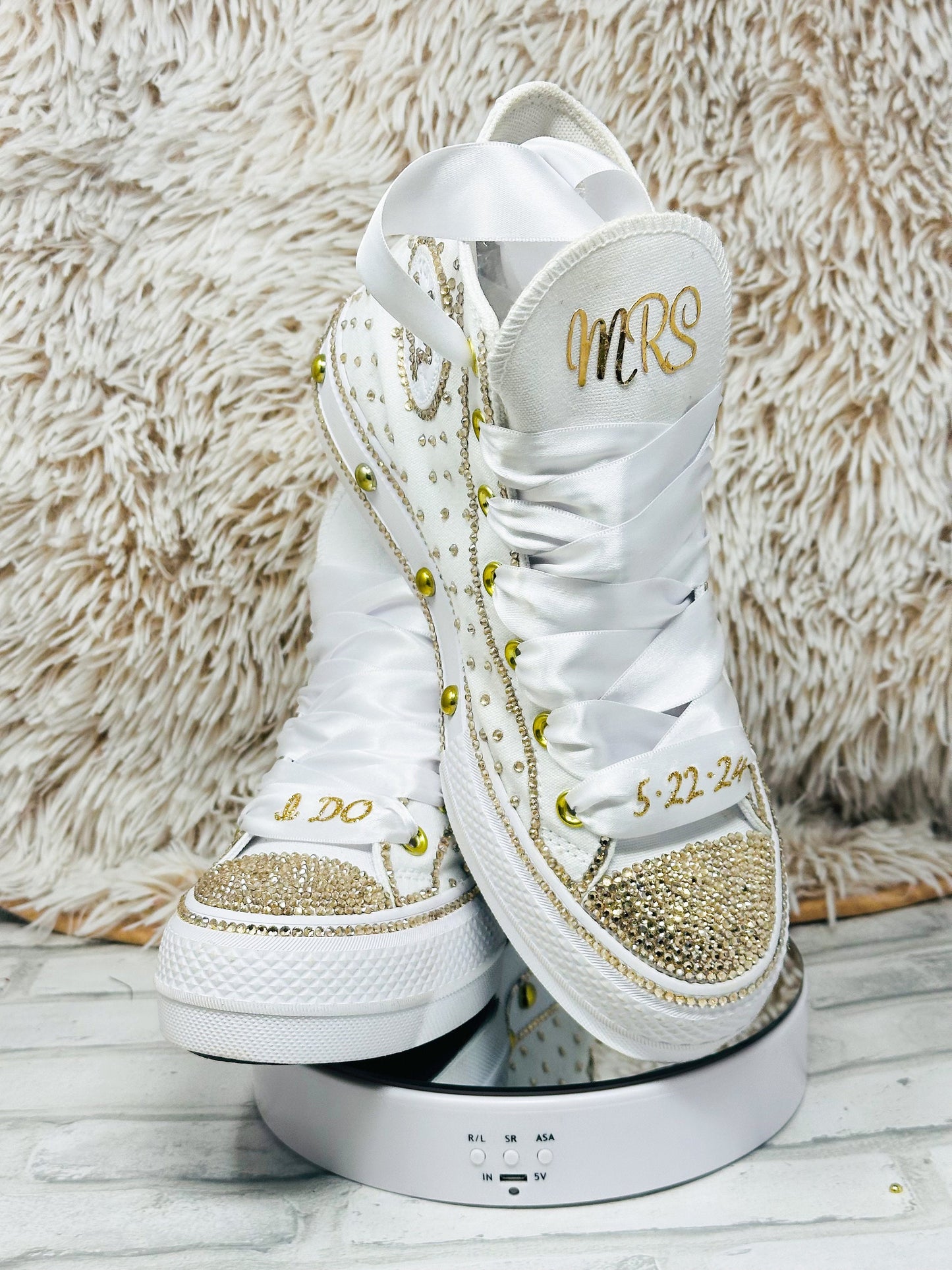 Bling Platform Converse with Gold Rhinestone, Wedding, Bridal Event Sneakers, Ready to Ship Gift for Her