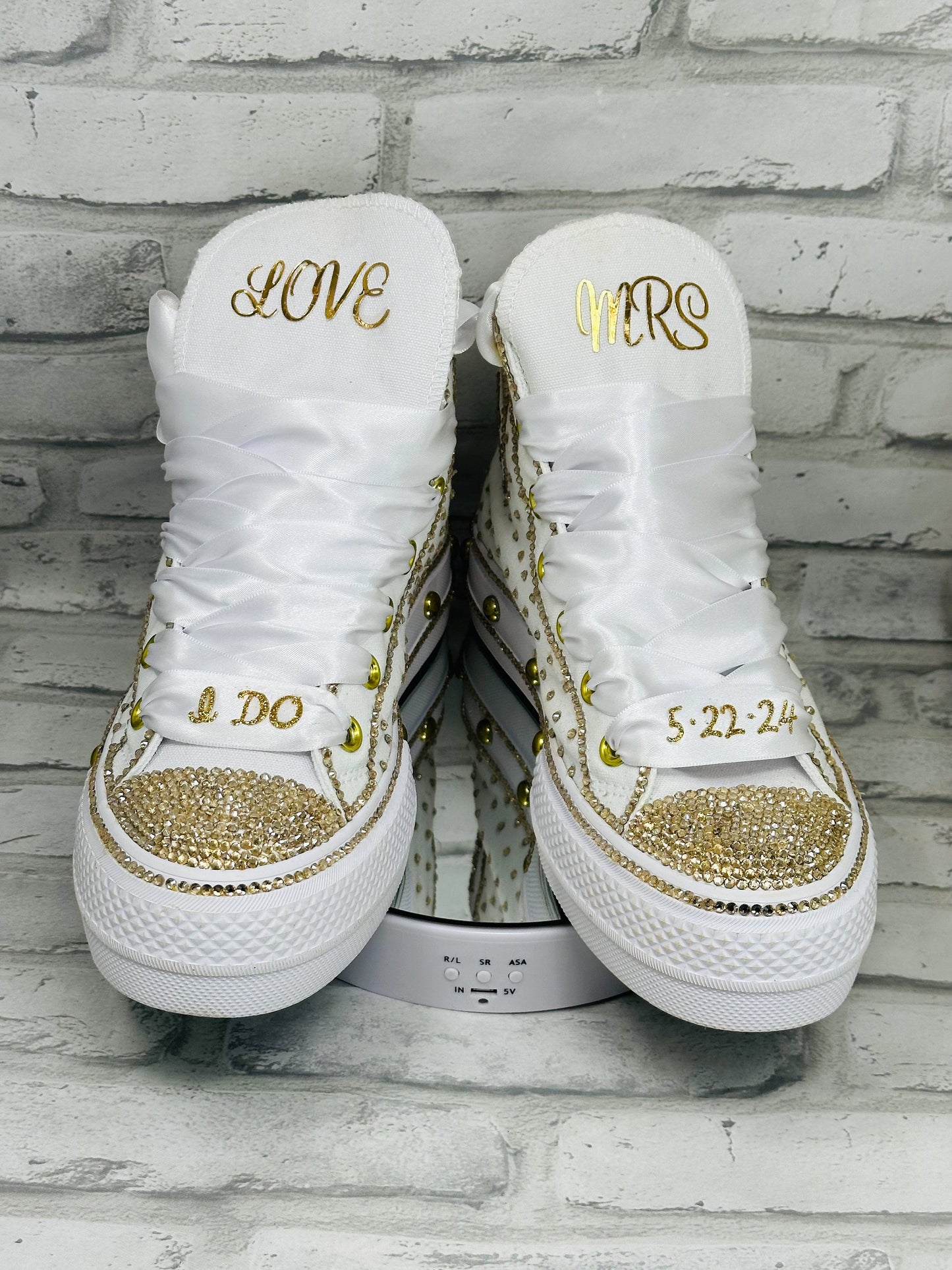 Bling Platform Converse with Gold Rhinestone, Wedding, Bridal Event Sneakers, Ready to Ship Gift for Her