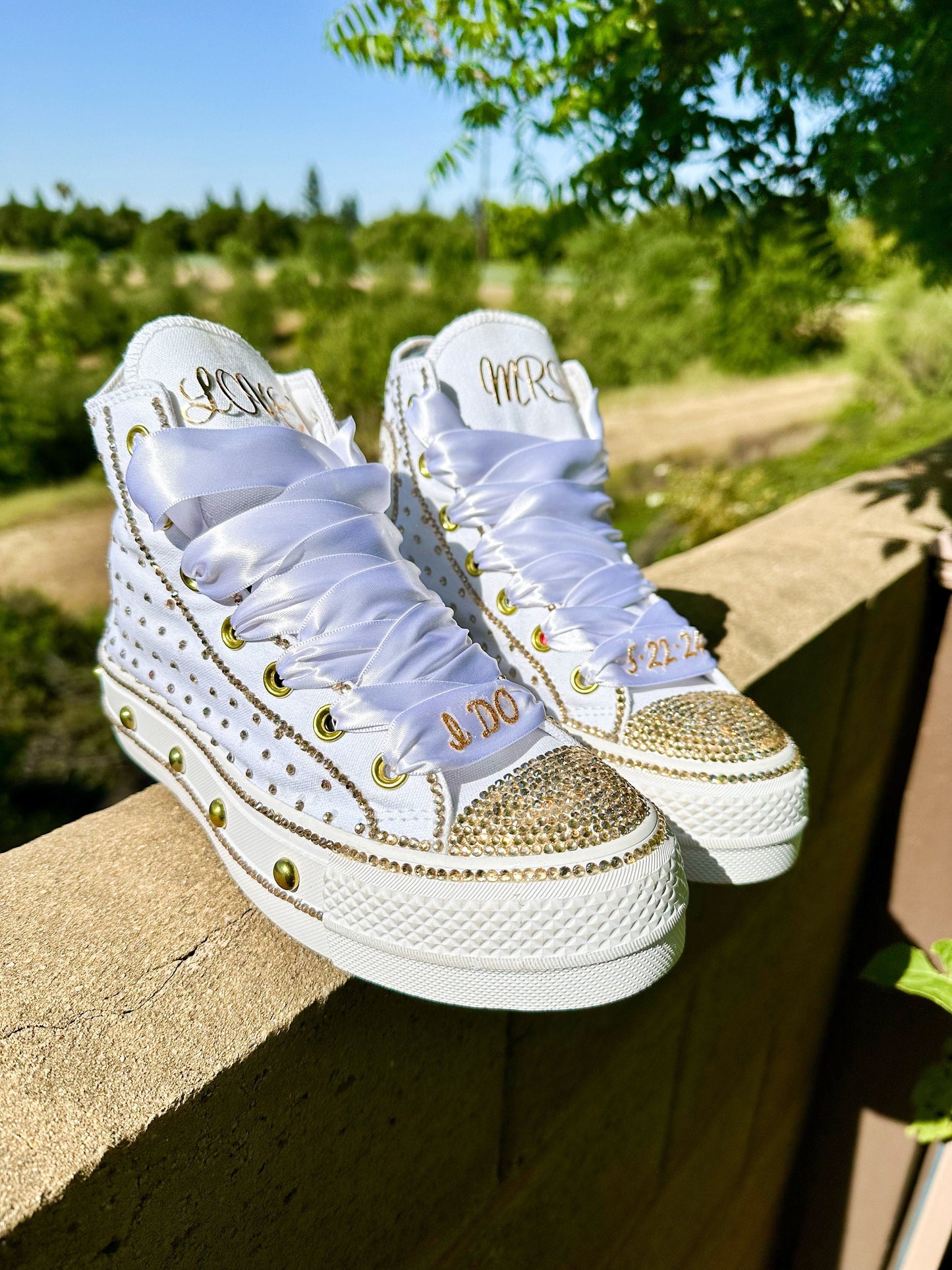 Bling Platform Converse with Gold Rhinestone, Wedding, Bridal Event Sneakers, Ready to Ship Gift for Her
