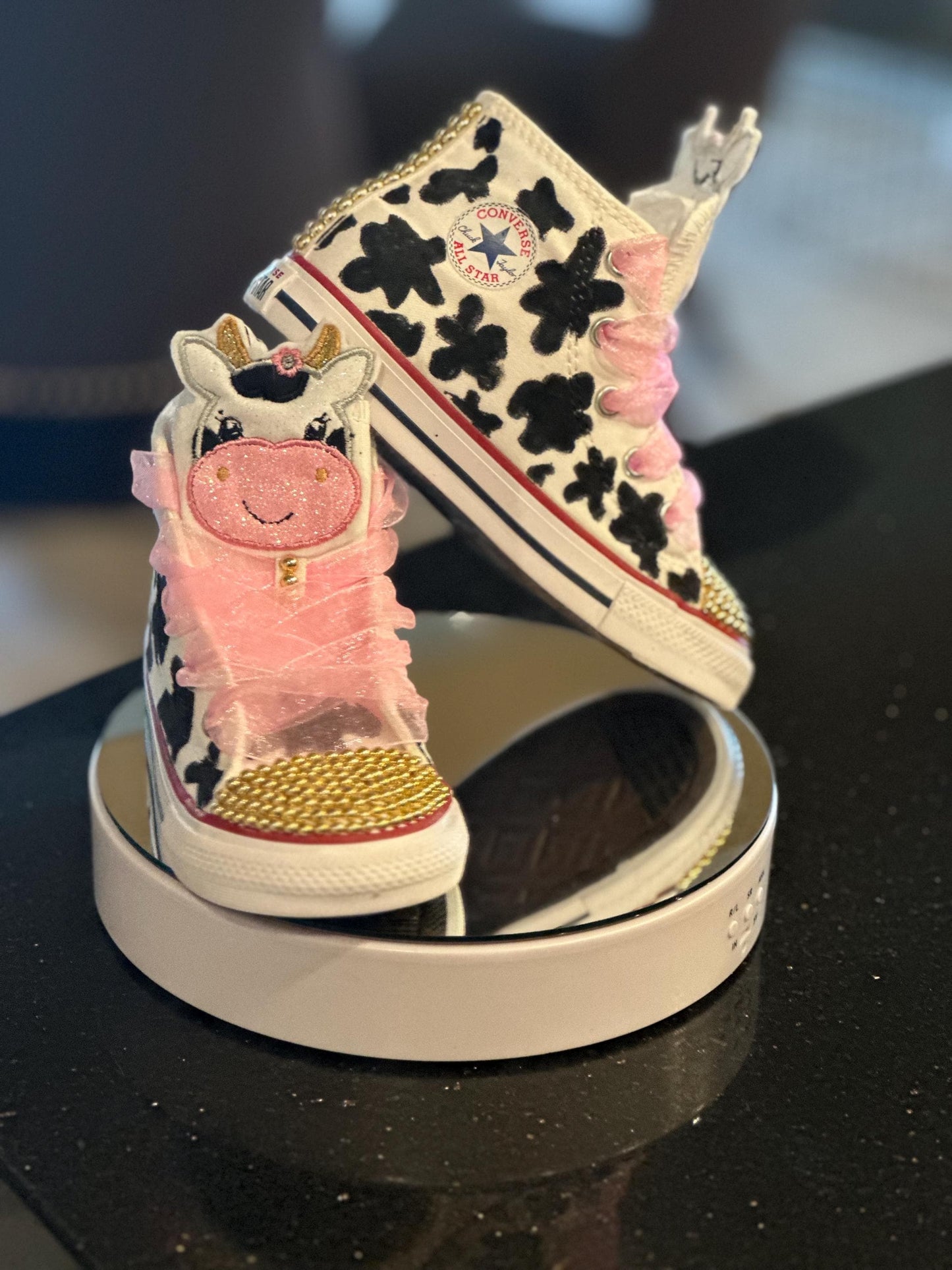 Hand-Painted Cow Print Converse: Rhinestone High-Top Sneakers