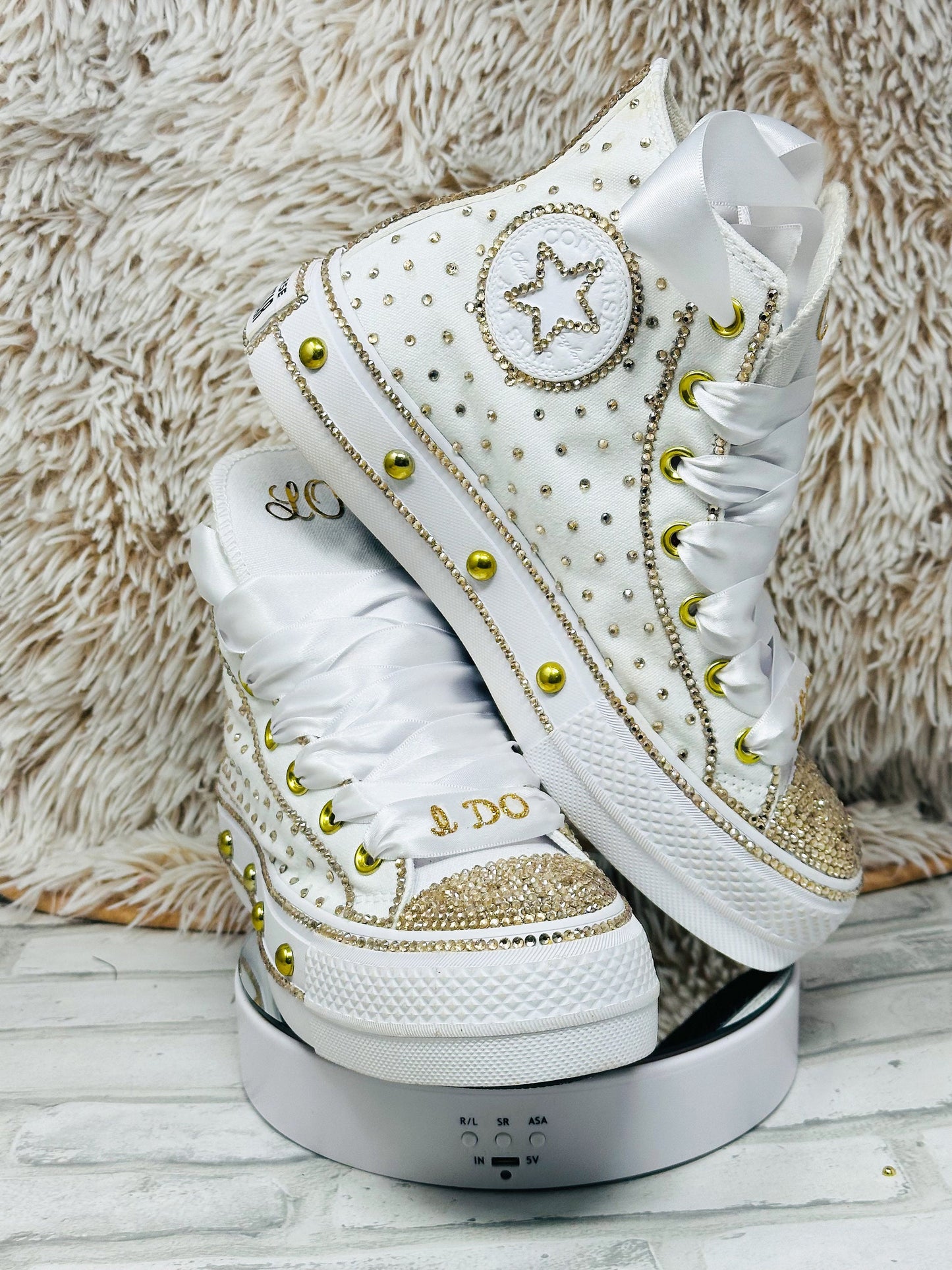 Bling Platform Converse with Gold Rhinestone, Wedding, Bridal Event Sneakers, Ready to Ship Gift for Her